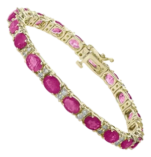 11 Ct Oval Rubies and Diamond Tennis Bracelet 14 Karat Yellow Gold