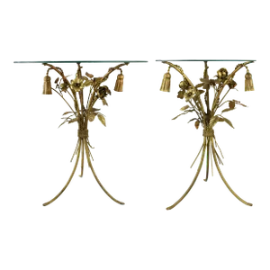 Mid 20th Century Italian Gilt Metal Rose Flower Tassel Tripod Base Round Glass Top Side Table - a Pair