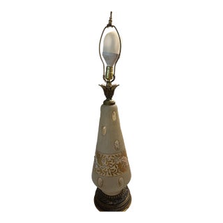 Vintage Mid-Century Modern Ceramic Table Lamp With a Textured, Fat Lava Glaze Base and Gold Floral Detailing. For Sale