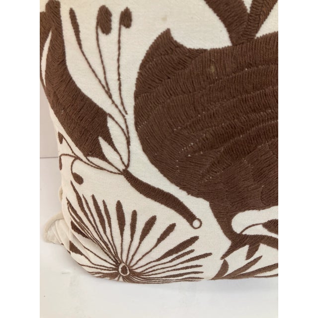 Boho Chic Crewel Work Hand Embroidered Brown Bird Toss Pillow-1 For Sale - Image 3 of 10