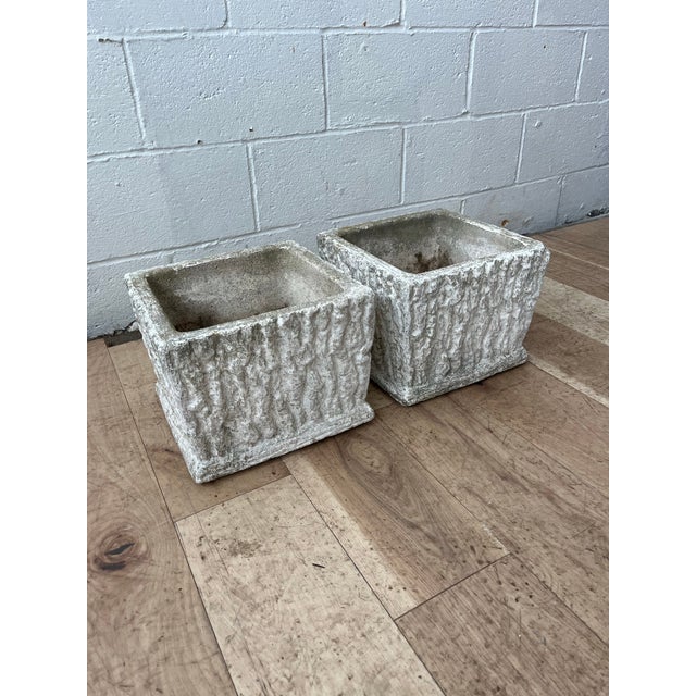 Mid 20th Century Pair of Faux Bois Concrete Planters | Vintage Rustic Modern Garden Cachepots For Sale - Image 5 of 8