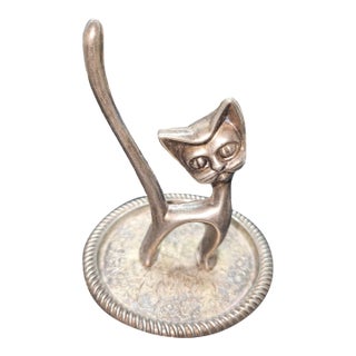 Vintage Cute Silver Plated Ring Holder Cat Interpur Dish Trinket Jewelry Etched For Sale
