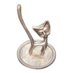Vintage Cute Silver Plated Ring Holder Cat Interpur Dish Trinket Jewelry Etched