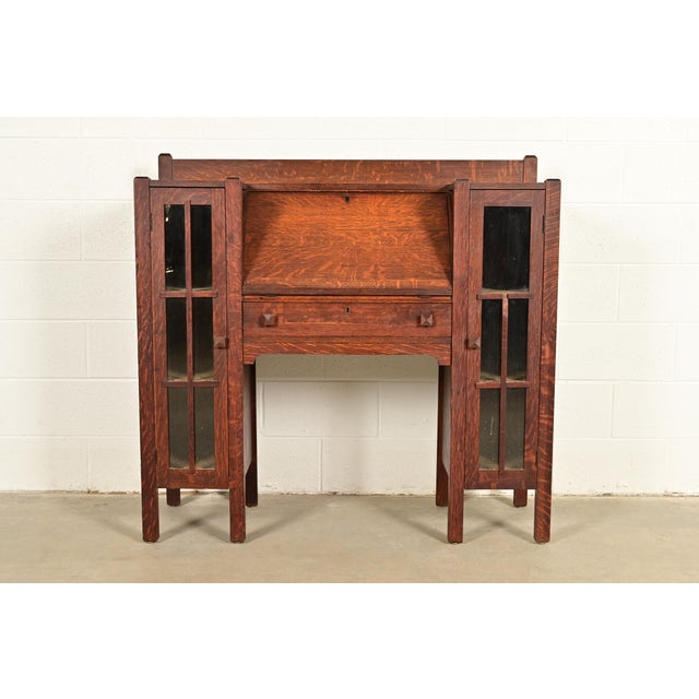 Stickley Brothers Style Antique Mission Oak Arts & Crafts Double Bookcase With Drop Front Secretary Desk, Circa 1910 For Sale - Image 15 of 15