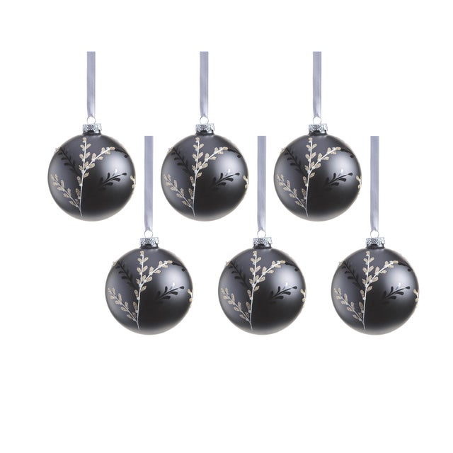 Patrin 6-Piece Set Glass Ball Ornaments with Leaf Pattern, 4" For Sale