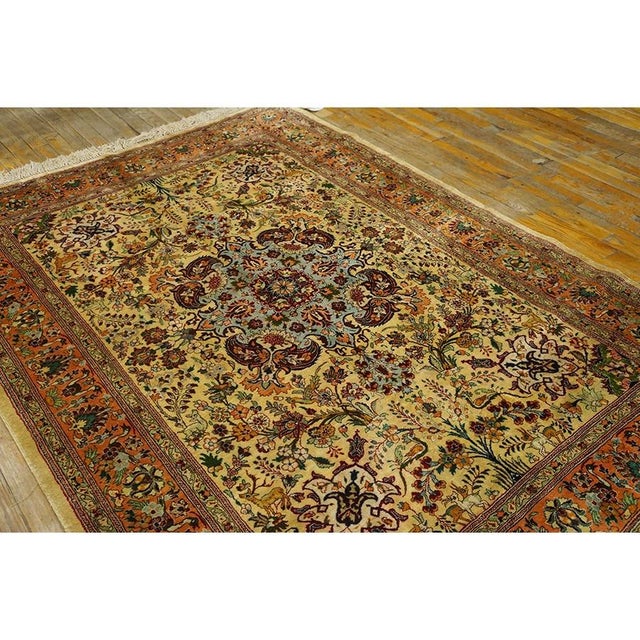 1940s Antique Beige Field Tortises Floral Tabriz Handknotted Silk Carpet Rug For Sale - Image 4 of 11