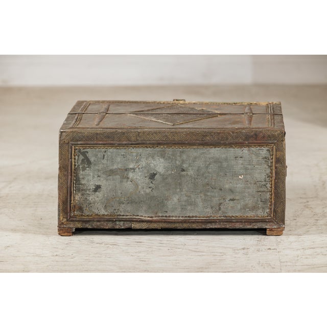 Asian Vintage Indian Tin-Clad Metal Trunk with Embossed Detailing For Sale - Image 3 of 18