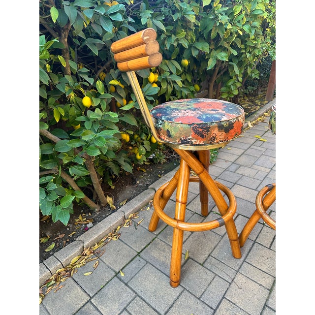 1950s 1950s Mid-Century Swivel "Spiral" Leg Rattan & Brass Barstools,- Set of 2 For Sale - Image 5 of 15