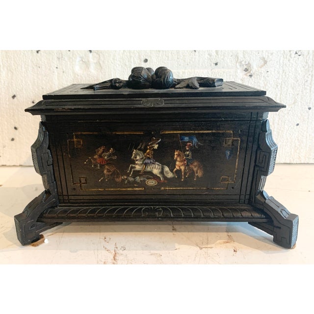 19th Century Carved Black Wood Jewelry Box with Polychrome Decoration For Sale - Image 13 of 13