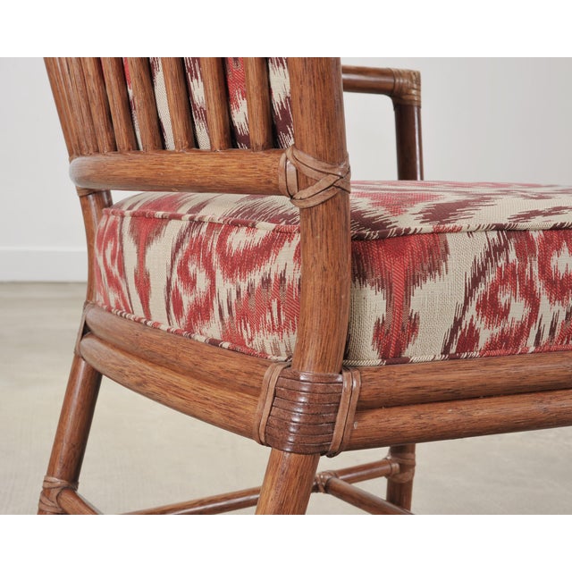 Set of Four McGuire Spindle-Back Rattan Ikat Dining Armchairs For Sale - Image 17 of 18