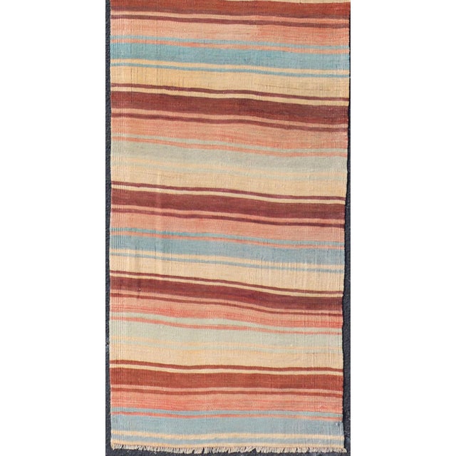 Traditional Turkish Vintage Kilim Runner With Rust, Blue and Ivory Striped Design For Sale - Image 3 of 11
