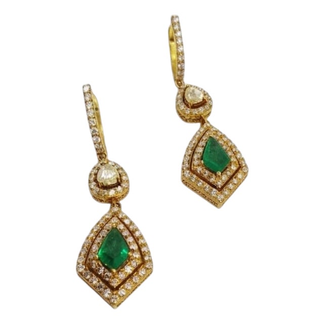 New 18k Gold Diamond and Emerald Stud Earrings, 2.06ct Total Weight For Sale