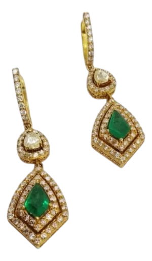 New 18k Gold Diamond and Emerald Stud Earrings, 2.06ct Total Weight