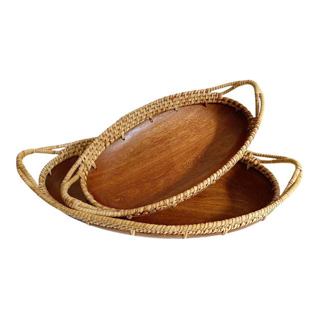 Vintage 1970s Nesting Oblong Wood Mango Bowl With Rattan Trim - Set of 2 For Sale