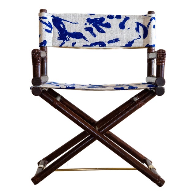 1970s McGuire Director’s X-Chair in Textured Off-White and Colbalt For Sale