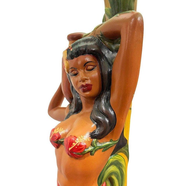 Teal 1950s Mid-Century Modern Hand Painted Hawaiian Hula Resin Table Lamp by Santana W/ Wipplestitch Shade For Sale - Image 8 of 10