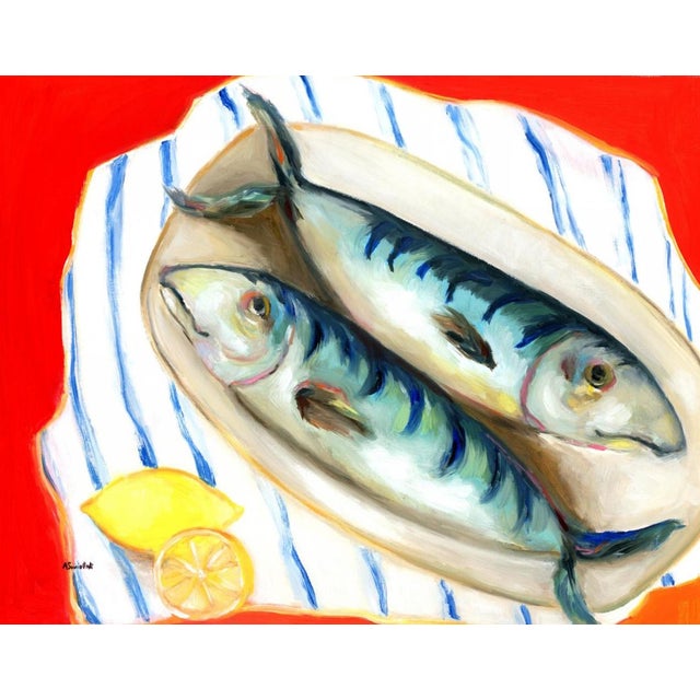 Contemporary Mid-Century Modern "Two Fish and Lemons" Vintage Style Still Life Oil Painting by Alexandra Swistak, Framed For Sale - Image 3 of 9