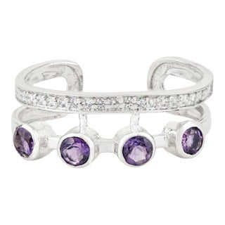 Dainty Amethyst & Zircon Open Cuff Ring in 925 Silver, Size 7 For Sale