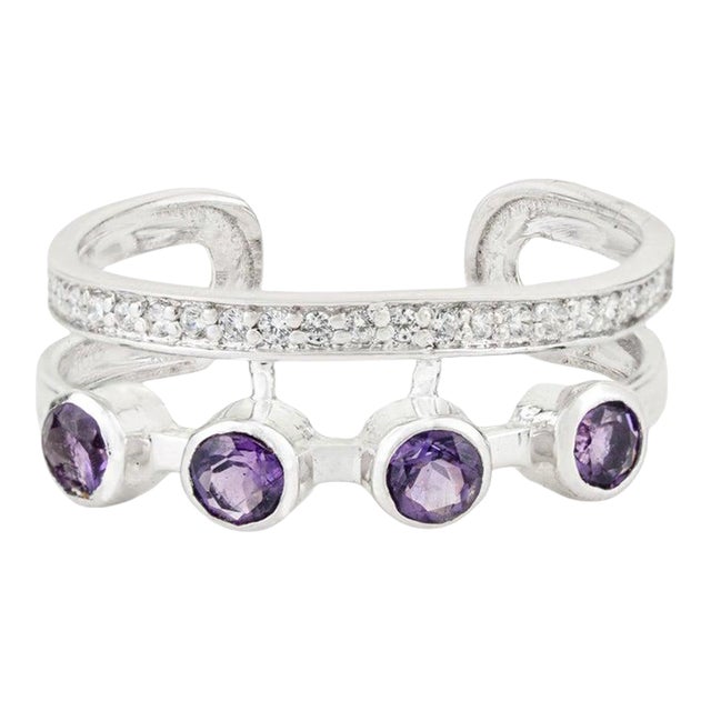Dainty Amethyst & Zircon Open Cuff Ring in 925 Silver, Size 7 For Sale