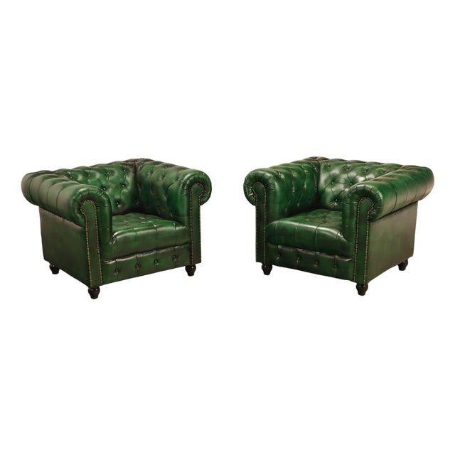 Chesterfield Style Pair of Green Leather Club Chairs For Sale