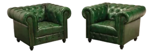 Chesterfield Style Pair of Green Leather Club Chairs