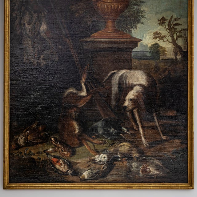 Baroque Artist, Hunting Still Life with Dog, 18th Century, Large Oil on Canvas, Framed For Sale - Image 11 of 14