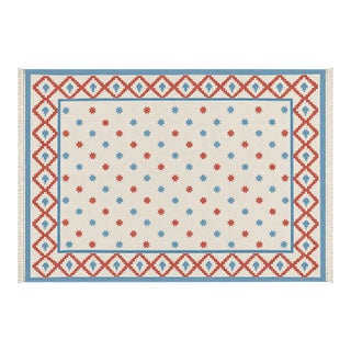 Handmade Cotton Vegetable Dyed Rug, White, Sky Blue and Terracotta Star Dhurrie-5'x7' For Sale