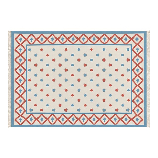 Handmade Cotton Vegetable Dyed Rug, White, Sky Blue and Terracotta Star Dhurrie-5'x7' For Sale