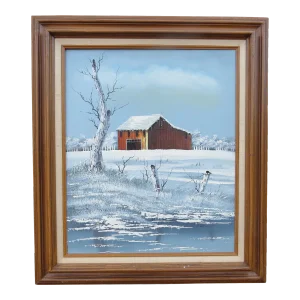 Vintage Everett Woodson Oil on Canvas Snow Scene Painting Featuring a Barn