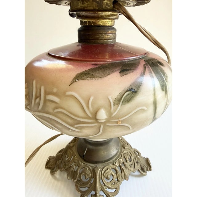 Early 20th Century Hand Painted Floral Gone With The Wind Oil Lamp Converted, w/ Nightlight For Sale In Cleveland - Image 6 of 18
