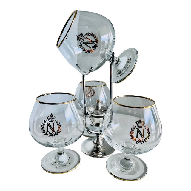 Set of Four Napoleon Brandy or Cognac Glass Snifters With a Silver Plated Snifter Warmer For Sale