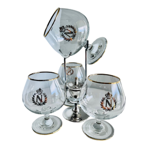 Set of Four Napoleon Brandy or Cognac Glass Snifters With a Silver Plated Snifter Warmer