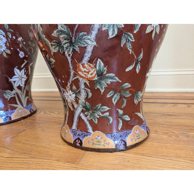 1980s Exceptional & Rare Pair of Extra Tall Castilian Floral Porcelain 32" Vases - Highly Collectable For Sale - Image 4 of 9