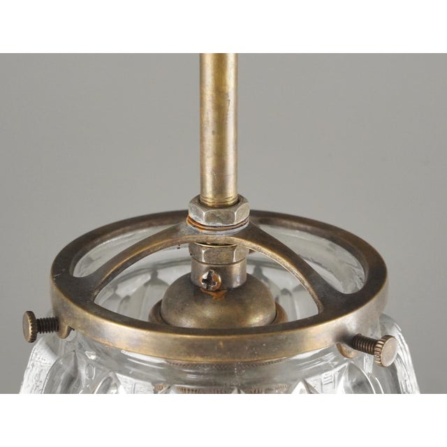 Traditional Vintage Clear Holophane Style Glass Brass Pole Pendant Light For Sale - Image 3 of 5