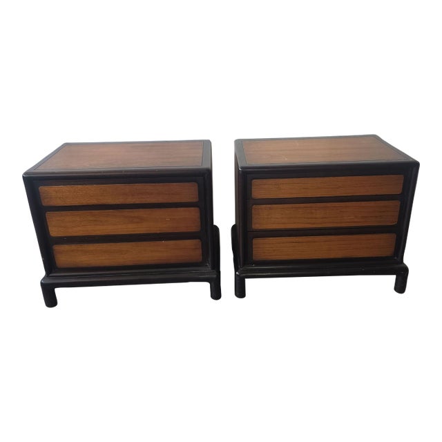 Pair of Vintage John Stuart for Mount Airy Teak Burl Walnut Chinoiserie Nightstands For Sale