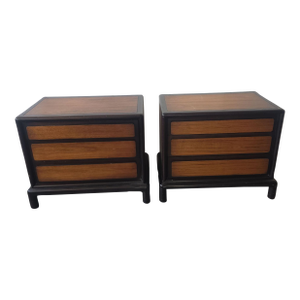 Pair of Vintage John Stuart for Mount Airy Teak Burl Walnut Chinoiserie Nightstands