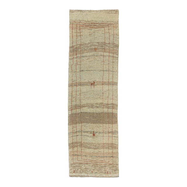 Modern Minimalist Persian Gabbeh Wool Runner – Earthy Beige & Rust Tribal Motif For Sale