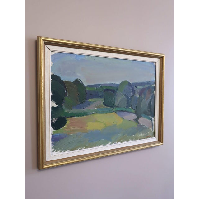 Mid-Century Modern 'Fields Beyond' Vintage Swedish Semi-Abstract Landscape Oil Painting, Framed For Sale - Image 4 of 13
