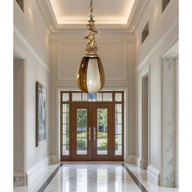 Murano Art Glass Aventurine Ovoid Shade With a Cherub Sculpture Pendant Light For Sale - Image 9 of 18