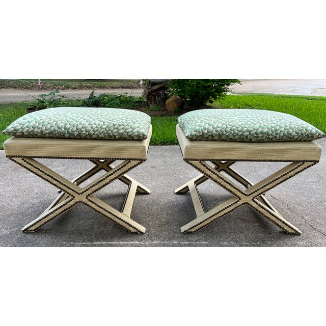 Wood 1960s Pair of Mid-Century X Form Benches With Antique Brass Nailheads For Sale - Image 7 of 11