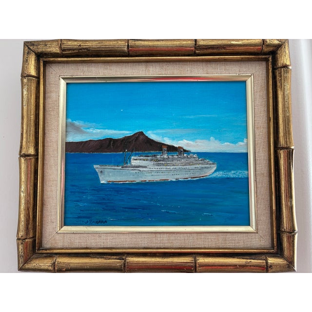 1980s Original 1970s James J. Takara Oil Painting: "Ss Lurline at Diamond Head" in Faux Bamboo Frame - Hollywood Regency Style For Sale - Image 5 of 7