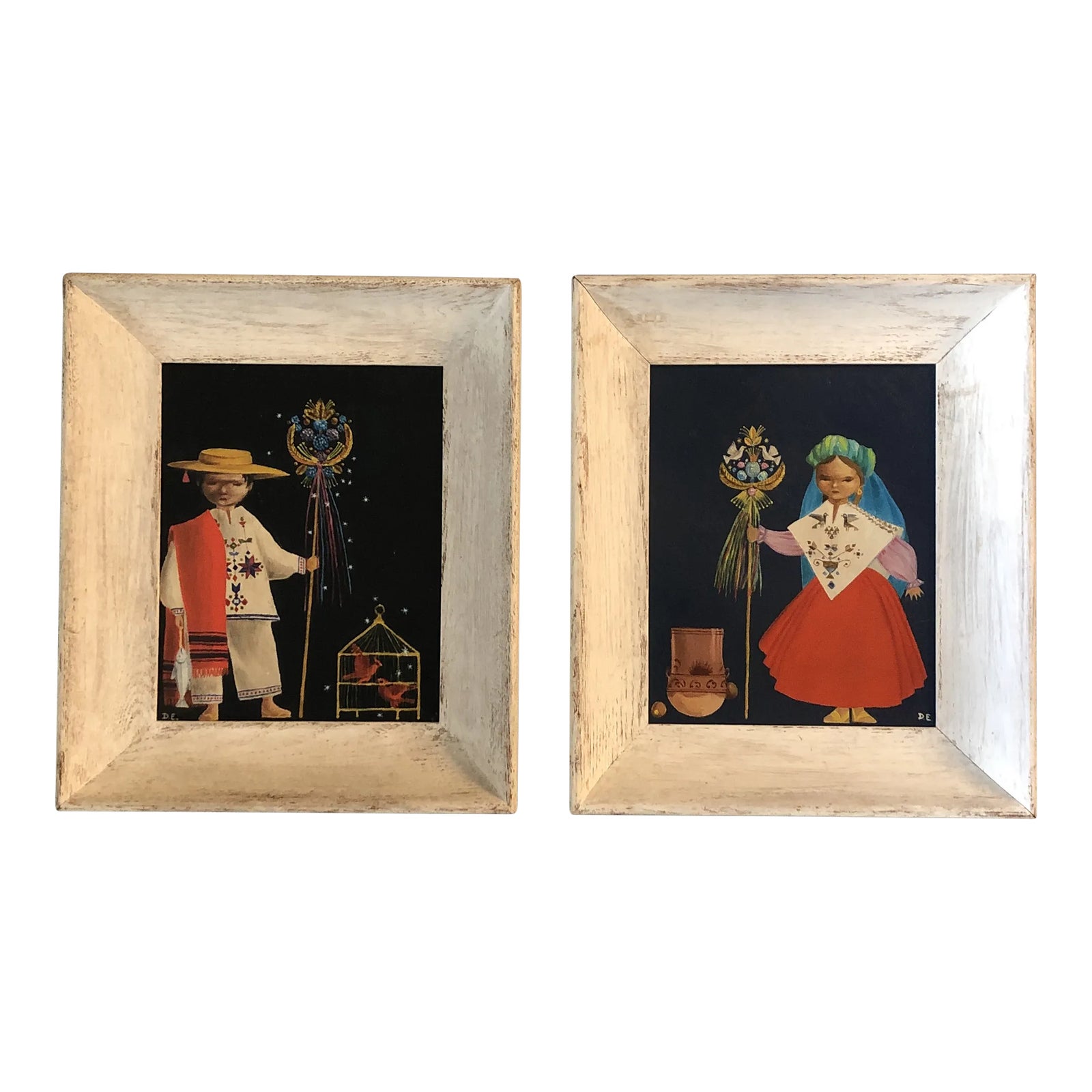 1960’s Peruvian Folk Art Paintings Children in Festive Garb Signed ...