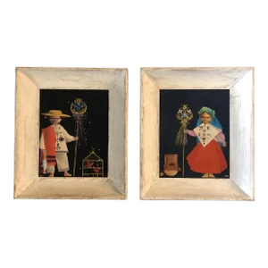 1960’s Peruvian Folk Art Paintings Children in Festive Garb Signed Original Frames-A Pair