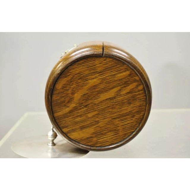 Antique H.C. & C. English Silver Plate and Oak Biscuit Barrel With Lid and Liner For Sale - Image 10 of 12
