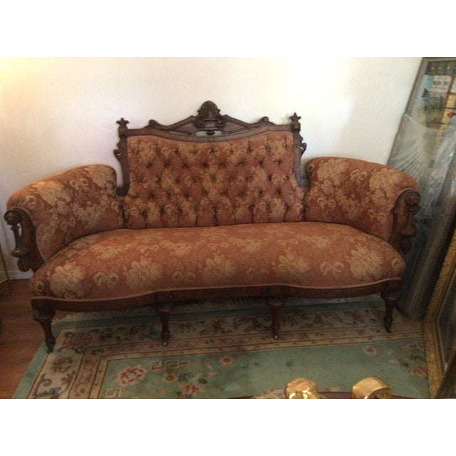 1900 - 1909 Ornate Antique Victorian - Style Carved Wood Sette and Two Matching Chairs For Sale - Image 5 of 16
