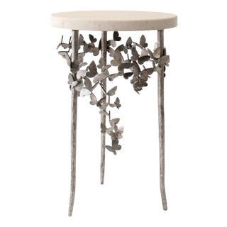 Aged Silver Butterfly Accent Table Travertine For Sale