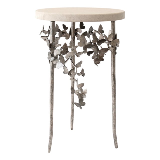 Aged Silver Butterfly Accent Table Travertine For Sale