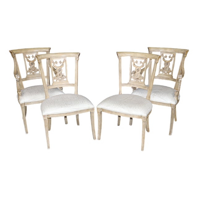 Set of 4 19th C. Italian Directoire Style Painted Dolphin Arm Dining Chairs For Sale
