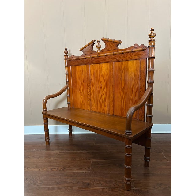 Late 19th Century Antique English Faux Bamboo Pine Hall Bench Victorian High Back Settle C1890 For Sale - Image 5 of 18