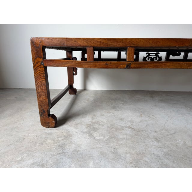 Brown Antique Chinese Carved Wood Rectangular Coffee Table With Inset Rattan Top For Sale - Image 8 of 16